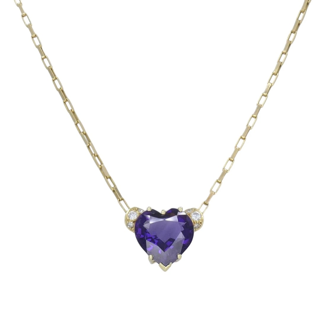 UnoAErre Italian 14k Gold Diamond Amethyst Heart Pendant Necklace: KL JJOO UnoAErre 14k yellow gold amethyst and diamond heart necklace, crafted in Italy and designed with a heart shaped purple amethyst pendant accented by small round diamonds on each side. The