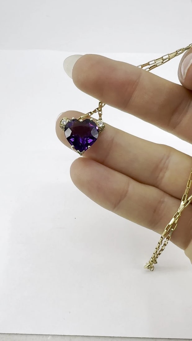 UnoAErre Italian 14k Gold Diamond Amethyst Heart Pendant Necklace - 2