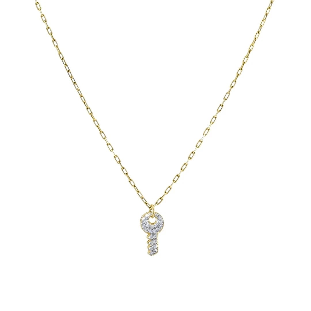 18k Diamond Key Pendant 14k Italian Gold Chain Necklace: MATERIALS: 18k Gold, 14k Gold GEMSTONE: Diamond WEIGHT: 6.5 Grams MEASUREMENTS: Pendant - 11/16" x 3/8", Chain - 20" HALLMARKS: 750, 14K, ItalyITEM DETAILS:18k Diamond Key Pendant 14k Italian Gold