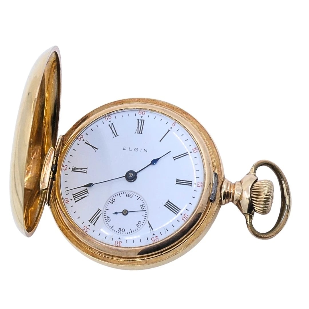 Antique Elgin 14K Gold Keystone Hunter Case Pocket Watch Diamond Butterfly - 10