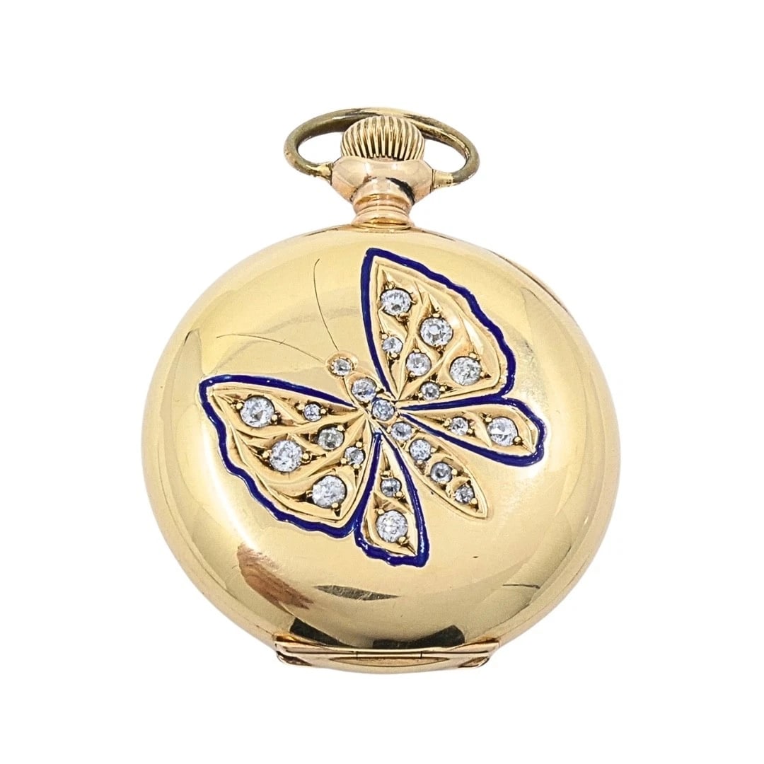 Antique Elgin 14K Gold Keystone Hunter Case Pocket Watch Diamond Butterfly: DESIGNER: Elgin CIRCA: 1900s MATERIALS: 14k Gold, Enamel GEMSTONE: Diamond WEIGHT: 40.5 Grams MEASUREMENTS: Diameter - 1 5/16" HALLMARKS: 14K, Keystone & serial numberITEM DETAILS:Antique Elgin 14K