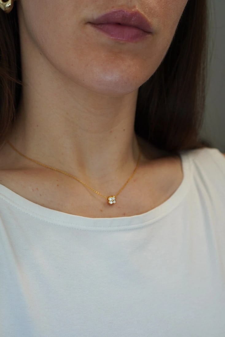 Tiffany & Co. 18k Gold Diamond Clover Flower Pendant Necklace - 14