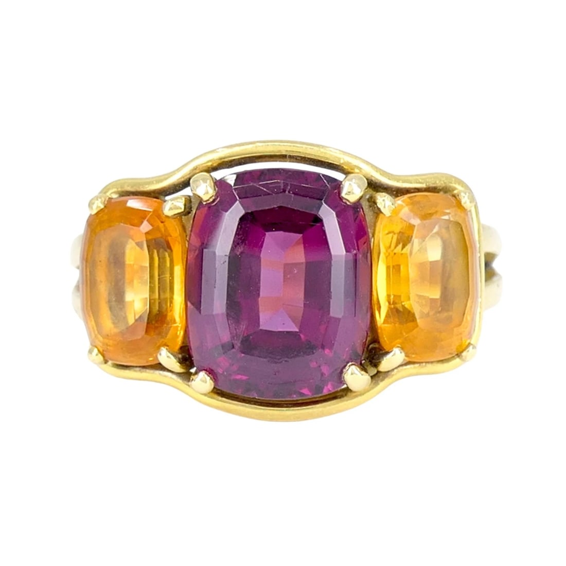 Verdura 18k Gold Rubellite and Madeira Citrine Three Stone Ring: KL ETOO This Verdura three stone ring is crafted in 18k yellow gold and set with a central rubellite, flanked by two Madeira citrine gemstones. The composition reflects Verdura's enduring design