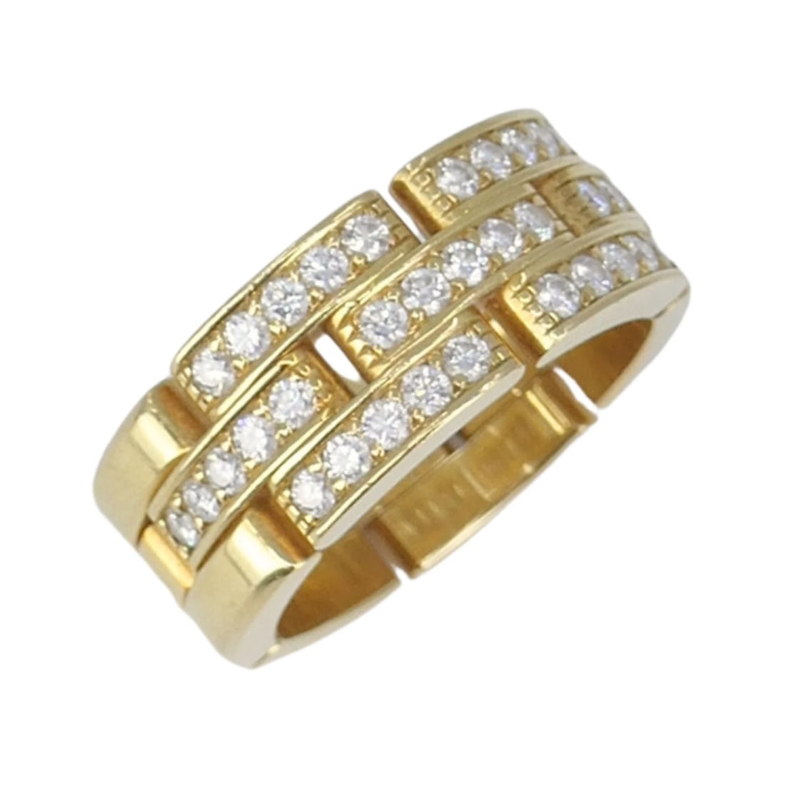 Cartier 18k Gold Diamond Triple Row Maillon Panthere Ring: KL TNTO This Cartier Maillon PanthÃ¨re ring is a signature piece from the French luxury house, featuring the distinctive triple-row link design that simulates the fluid movement of the panth