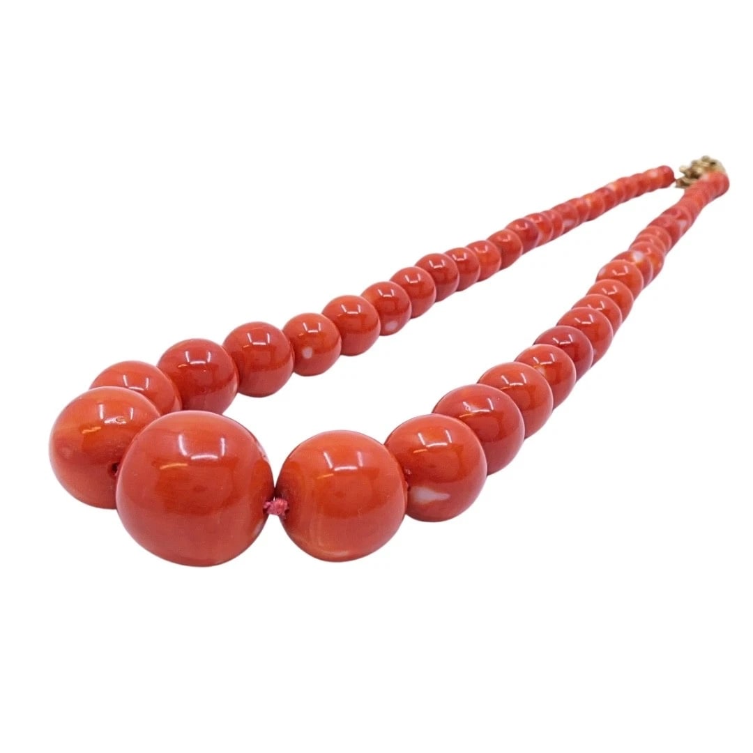 Vintage Graduated Red Coral Bead Necklace 14k Gold Diamond Rose Clasp - 6