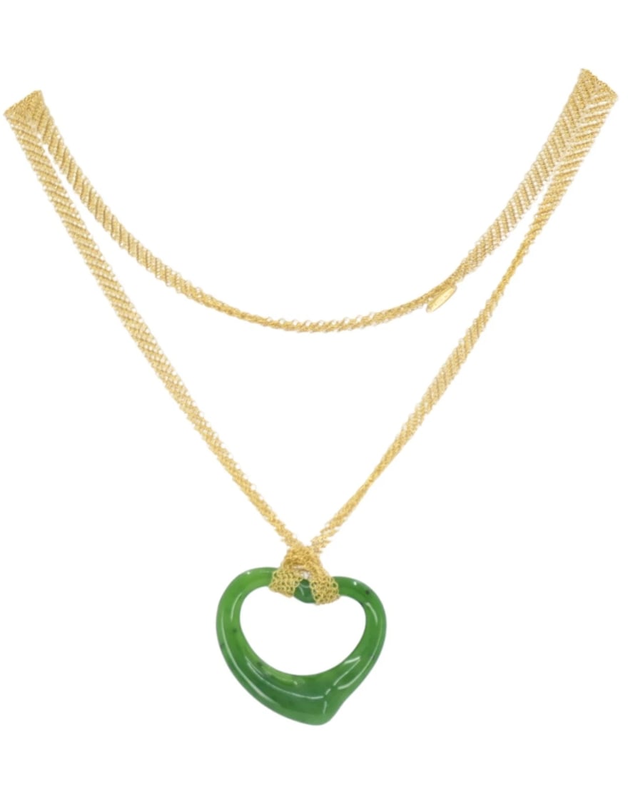 Elsa Peretti for Tiffany & Co. 18k Gold Jade Open Heart Mesh Necklace: NS NETO Elsa Peretti for Tiffany & Co. 18k Gold Jade Open Heart Mesh Necklace A vintage Elsa Peretti for Tiffany & Co. 18k gold and jade Open Heart mesh necklace. The piece features a refined combinat