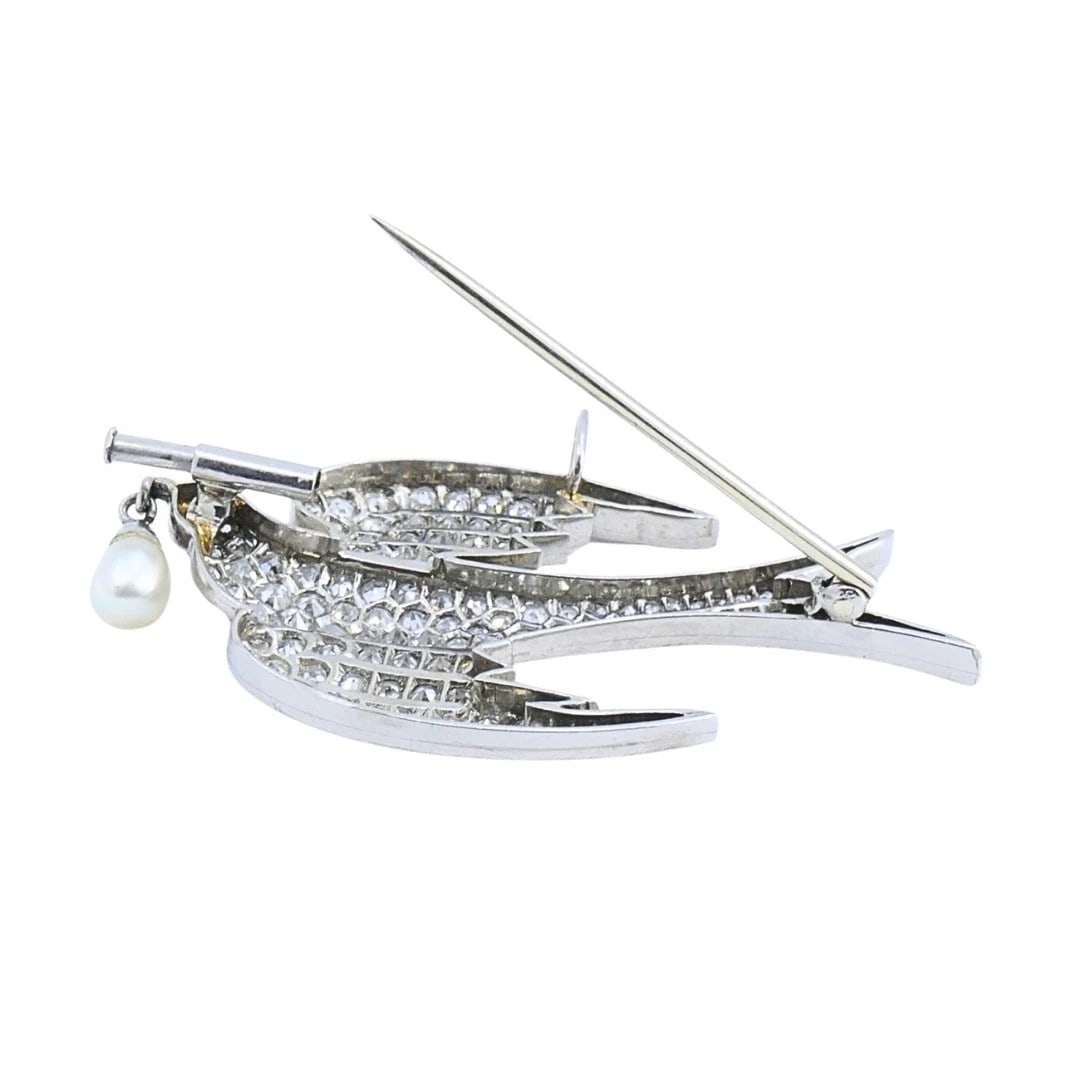 Platinum Diamond Dove Brooch Pendant with Pearl Drop - 10