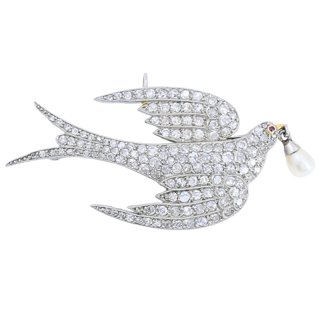Platinum Diamond Dove Brooch Pendant with Pearl Drop (1 of 10)