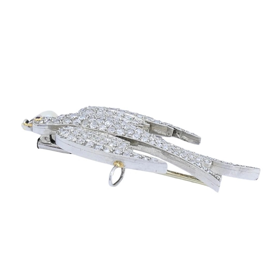 Platinum Diamond Dove Brooch Pendant with Pearl Drop - 6
