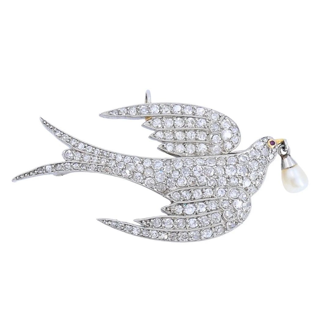 Platinum Diamond Dove Brooch Pendant with Pearl Drop - 7