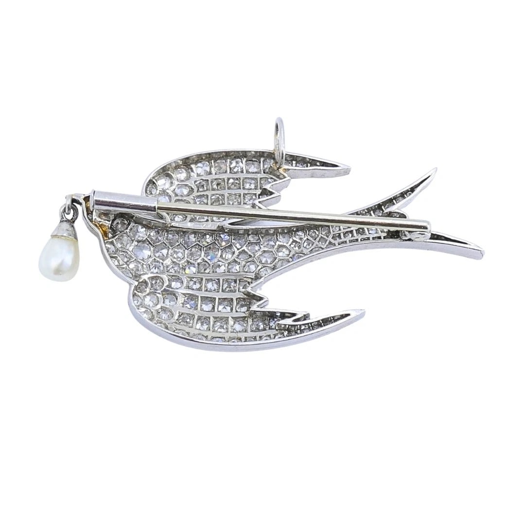 Platinum Diamond Dove Brooch Pendant with Pearl Drop - 9