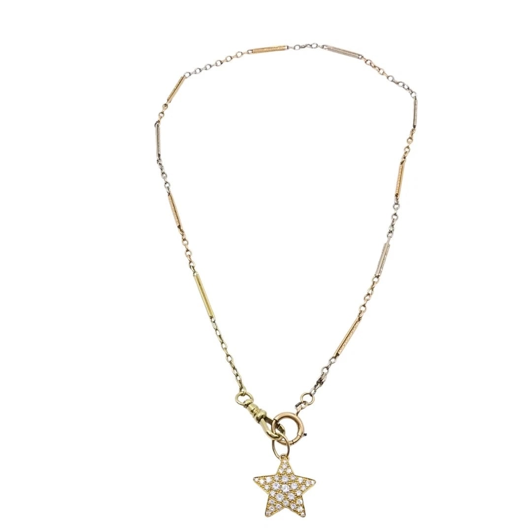 14k Gold Diamond PavÃ© Star Pendant on Antique Barâ€‘Link Chain - 5