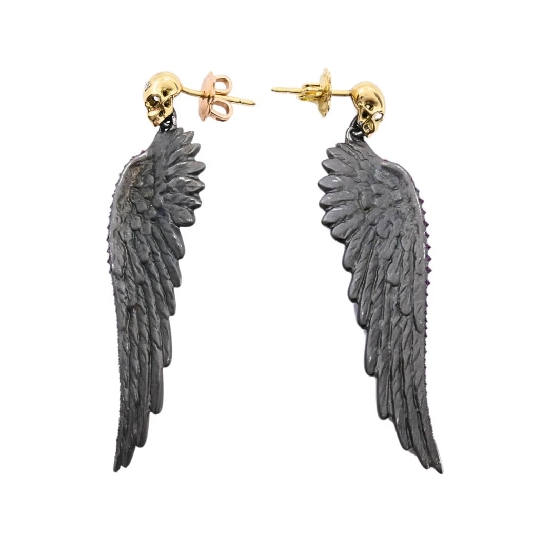Theodoros 18k Gold & Sterling Silver Ruby Wing Skull Earrings - 12