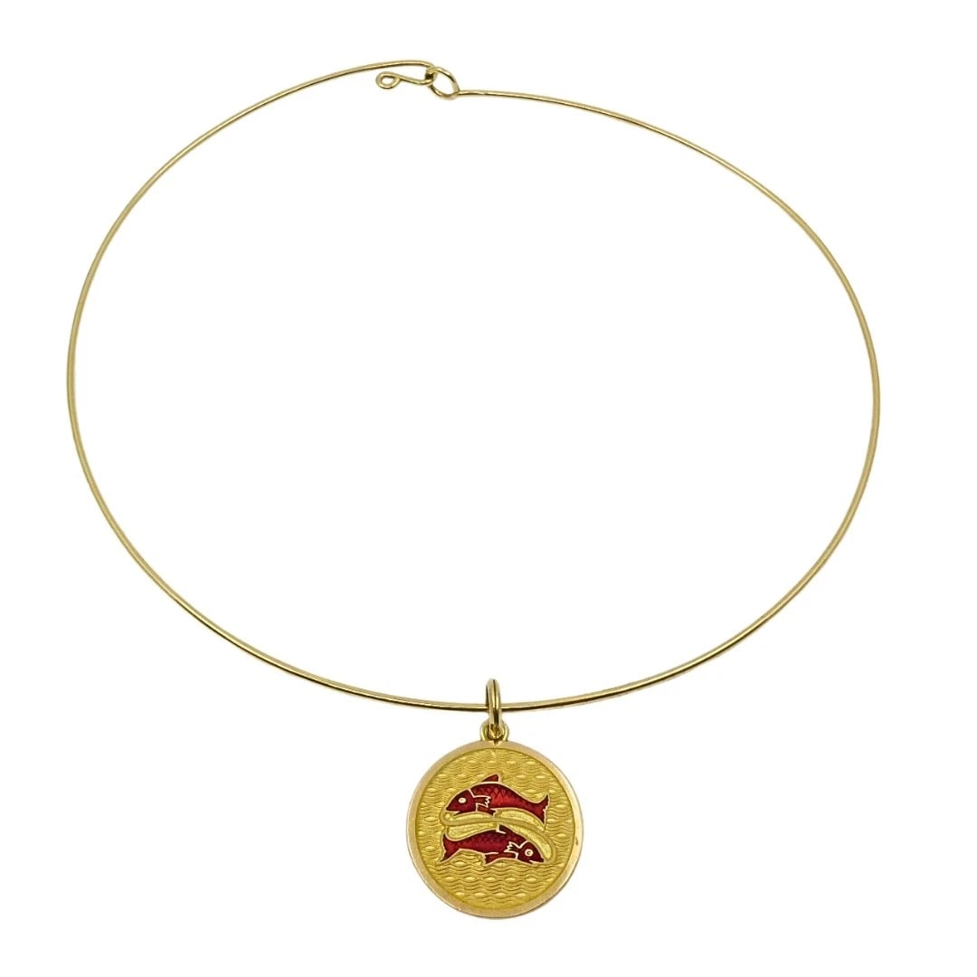 Vintage 18k Gold Red Enamel Pisces Zodiac Medallion Pendant Necklace: MATERIALS: 18k Gold, Enamel WEIGHT: Pendant - 5.3 Grams Choker - 8.4 Grams MEASUREMENTS: Pendant Diameter - 7/8" Choker - 15" HALLMARKS: 750ITEM DETAILS:Vintage 18k Gold Red Enamel Pisces Zodiac Medal