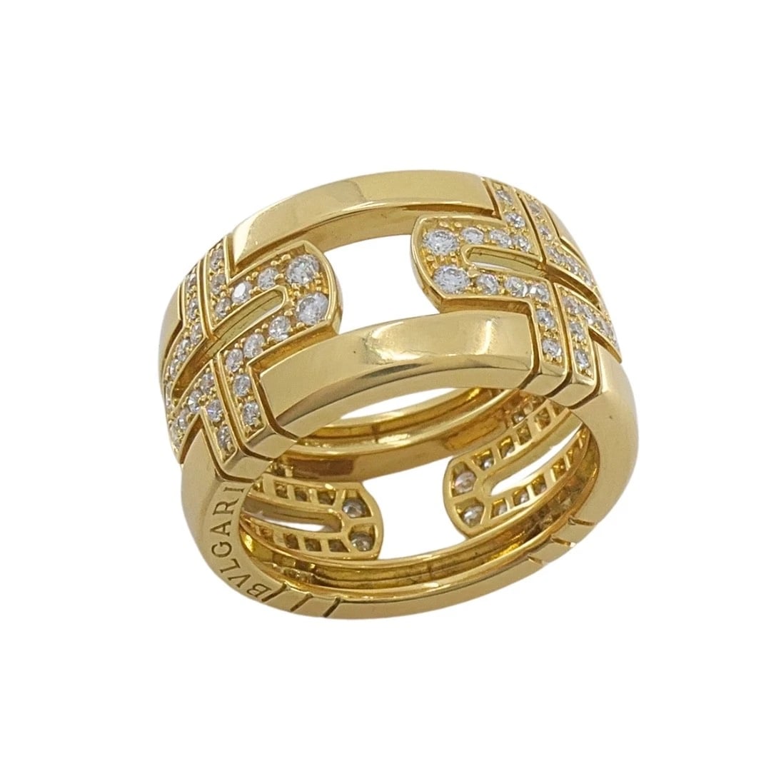 Bvlgari Bulgari 18k Gold Parentesi Diamond Band Ring: DESIGNER: Bvlgari CIRCA: Late 20th Century MATERIALS: 18k Gold GEMSTONE: Diamond WEIGHT: 9.3 Grams MEASUREMENTS: 7/16â€ RING SIZE: 6.75 (not resizable) HALLMARKS: BVLGARIITEM DETAILS: