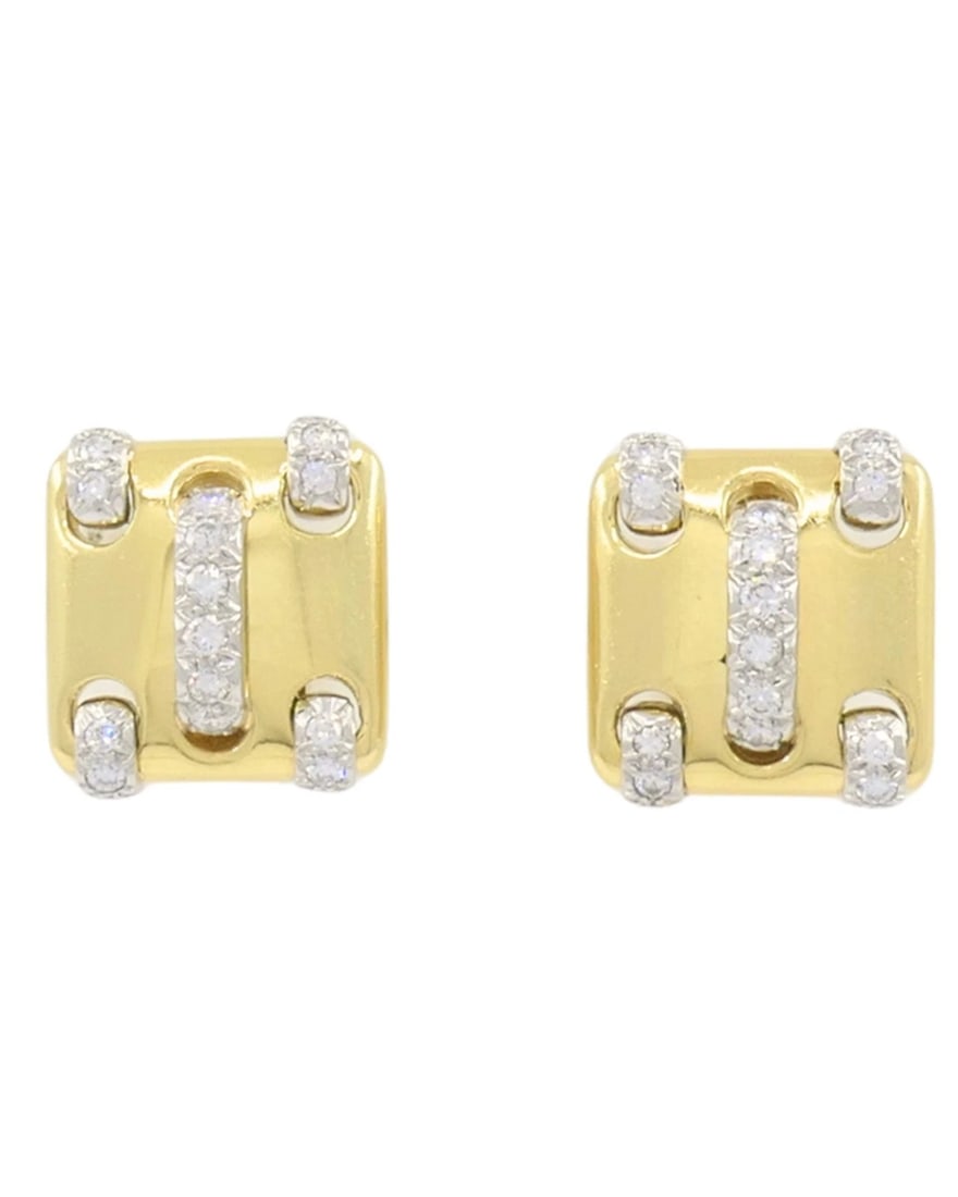 Vintage Cartier Earrings 18k Gold Diamond Stitch Design: NS IOOO A pair of vintage Cartier earrings, made from 18k yellow and white gold and set with diamonds. The earrings feature a compact square form accented by diamond details set in white gold. A