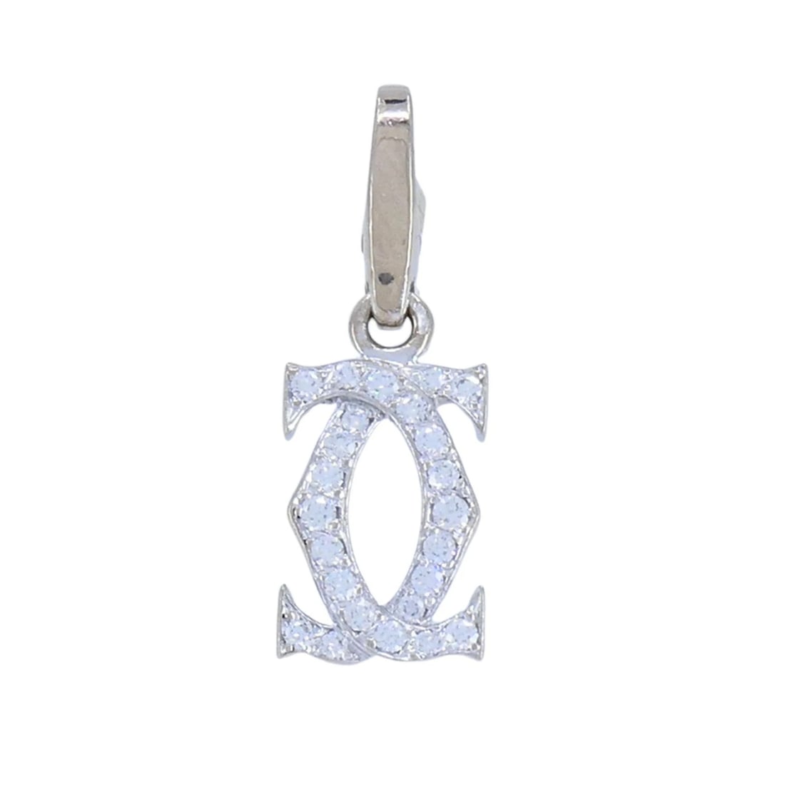 C de Cartier Double C 18k White Gold Diamond Charm Pendant: KL JAOO This Cartier diamond Double C logo charm pendant is crafted in 18k white gold and features the Maison's iconic interlocking Cartier â€œCâ€ monogram rendered in