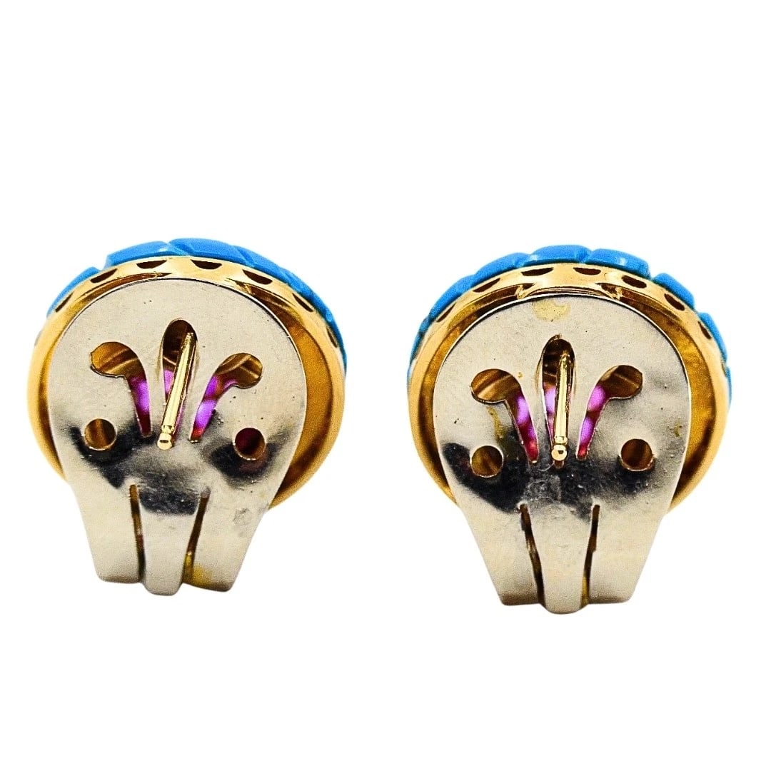 Vintage 18k Gold Carved Turquoise Pave Ruby Dome Stud Earrings - 11