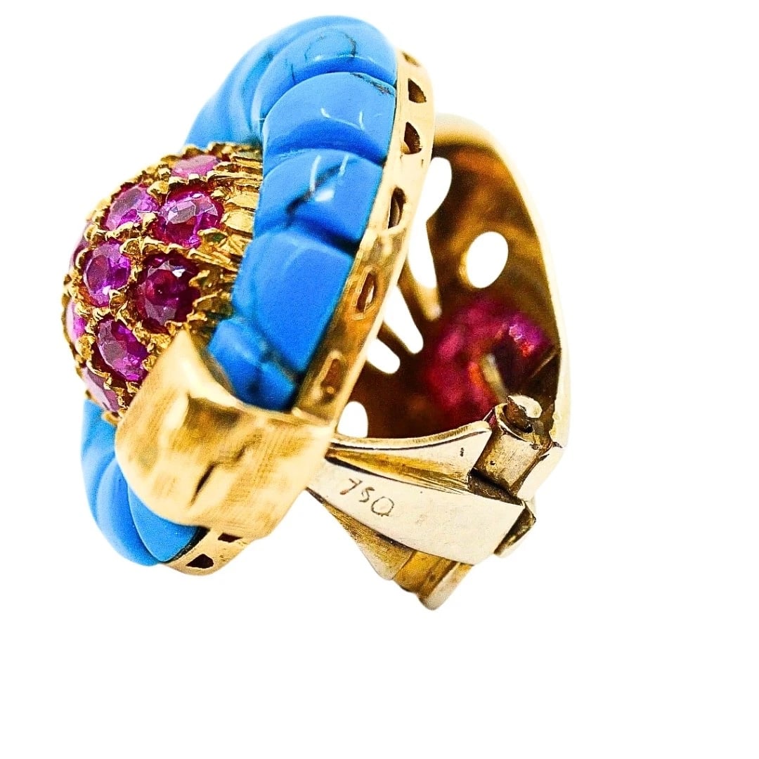 Vintage 18k Gold Carved Turquoise Pave Ruby Dome Stud Earrings - 13