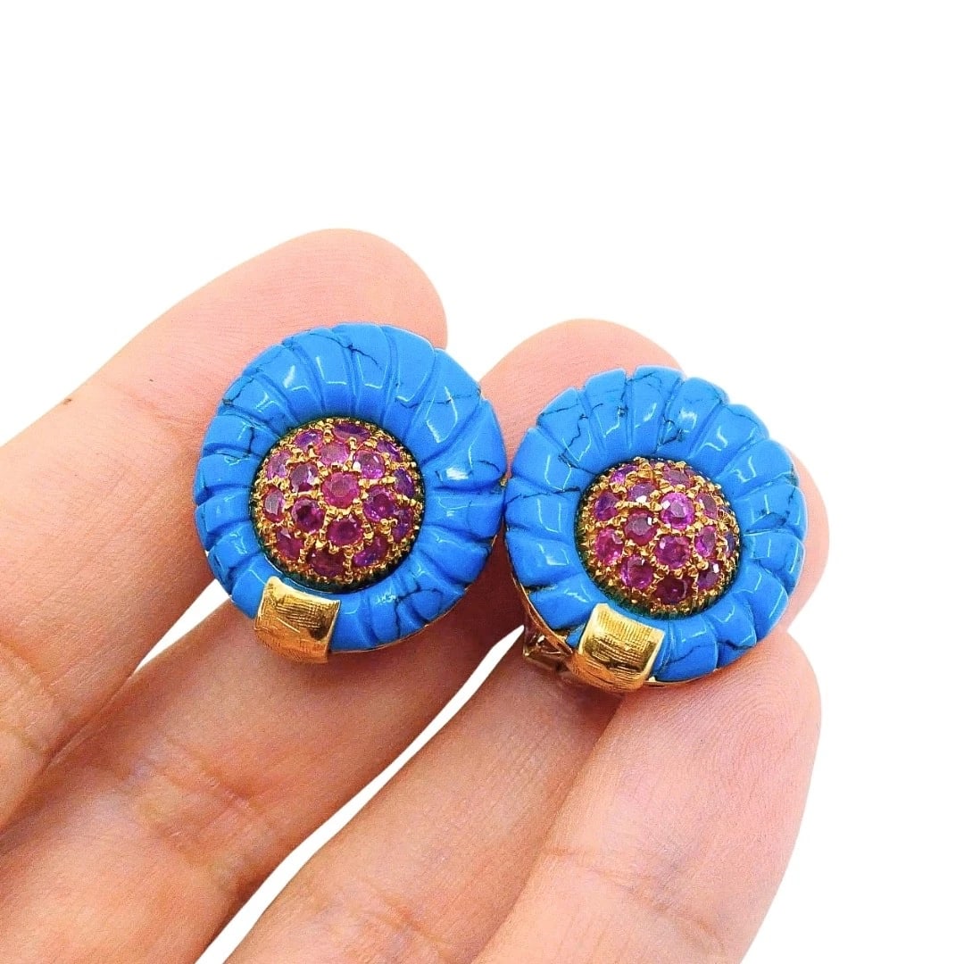 Vintage 18k Gold Carved Turquoise Pave Ruby Dome Stud Earrings - 14