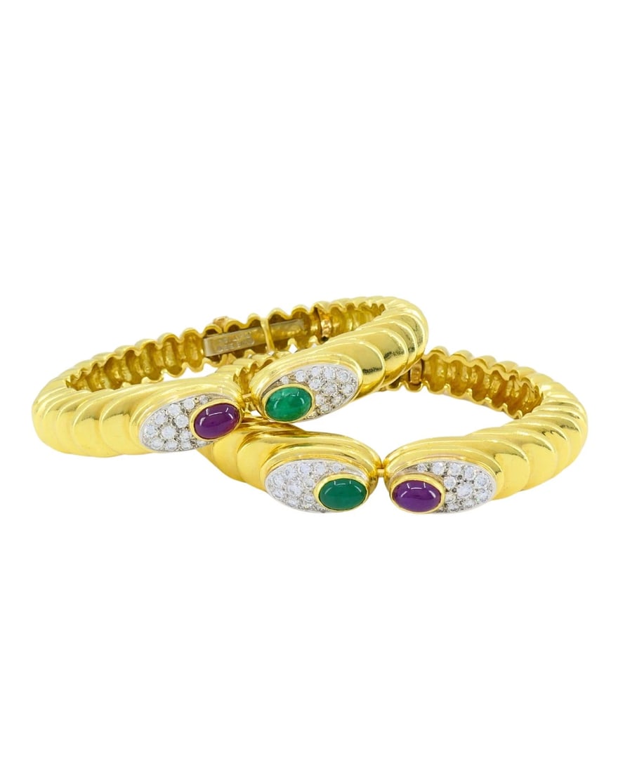 David Webb Pair of Gold Bracelets Platinum Diamond Gemstone Cabochons (1 of 15)