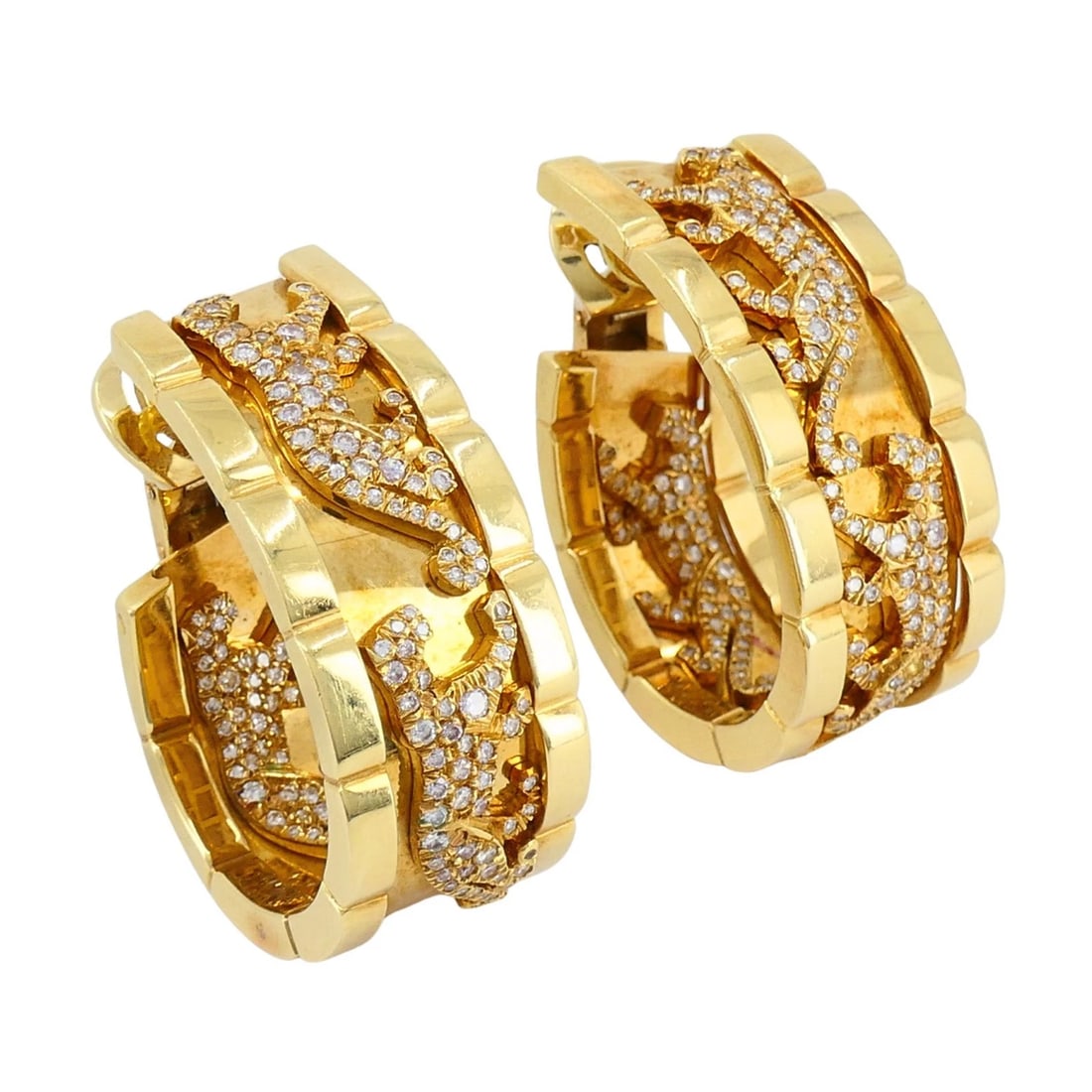 Vintage Cartier Walking Panthere 18k Gold Diamond Hoop Earrings: KL ATOOO A pair of vintage Cartier PanthÃ¨re hoop ear clips crafted in 18k yellow gold, designed as a series of pavÃ© diamond panthers walking in profile along a curved pathway fra