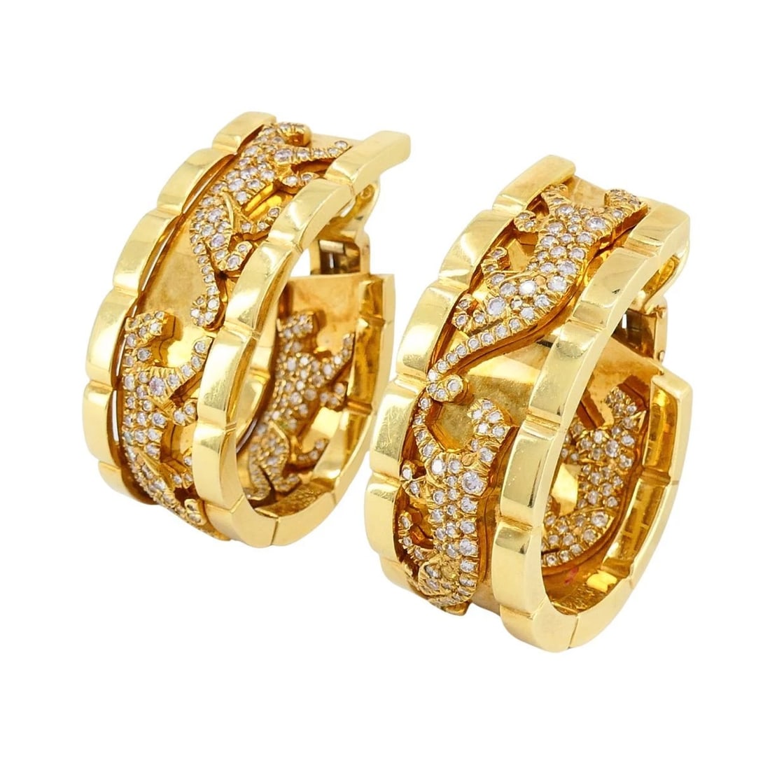 Vintage Cartier Walking Panthere 18k Gold Diamond Hoop Earrings - 5