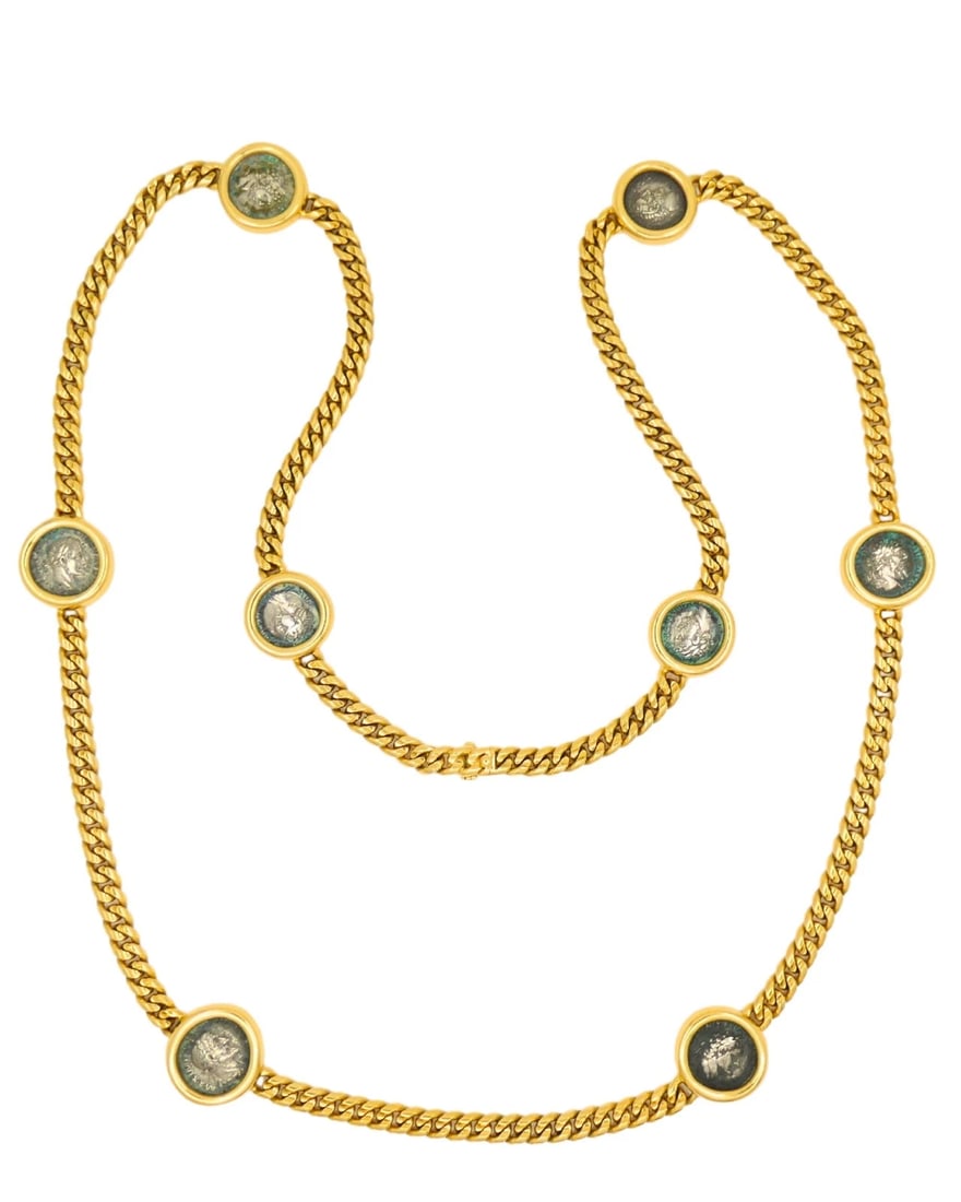 Bvlgari Bulgari Monete Gold Chain Necklace Eight Ancient Roman Coins: NS RTOOO A spectacular Bulgari Monete 18k gold necklace, featuring eight ancient Roman coins. This vintage Bulgari Monete necklace is made of 18k gold and set with a series of authentic ancient Roman 