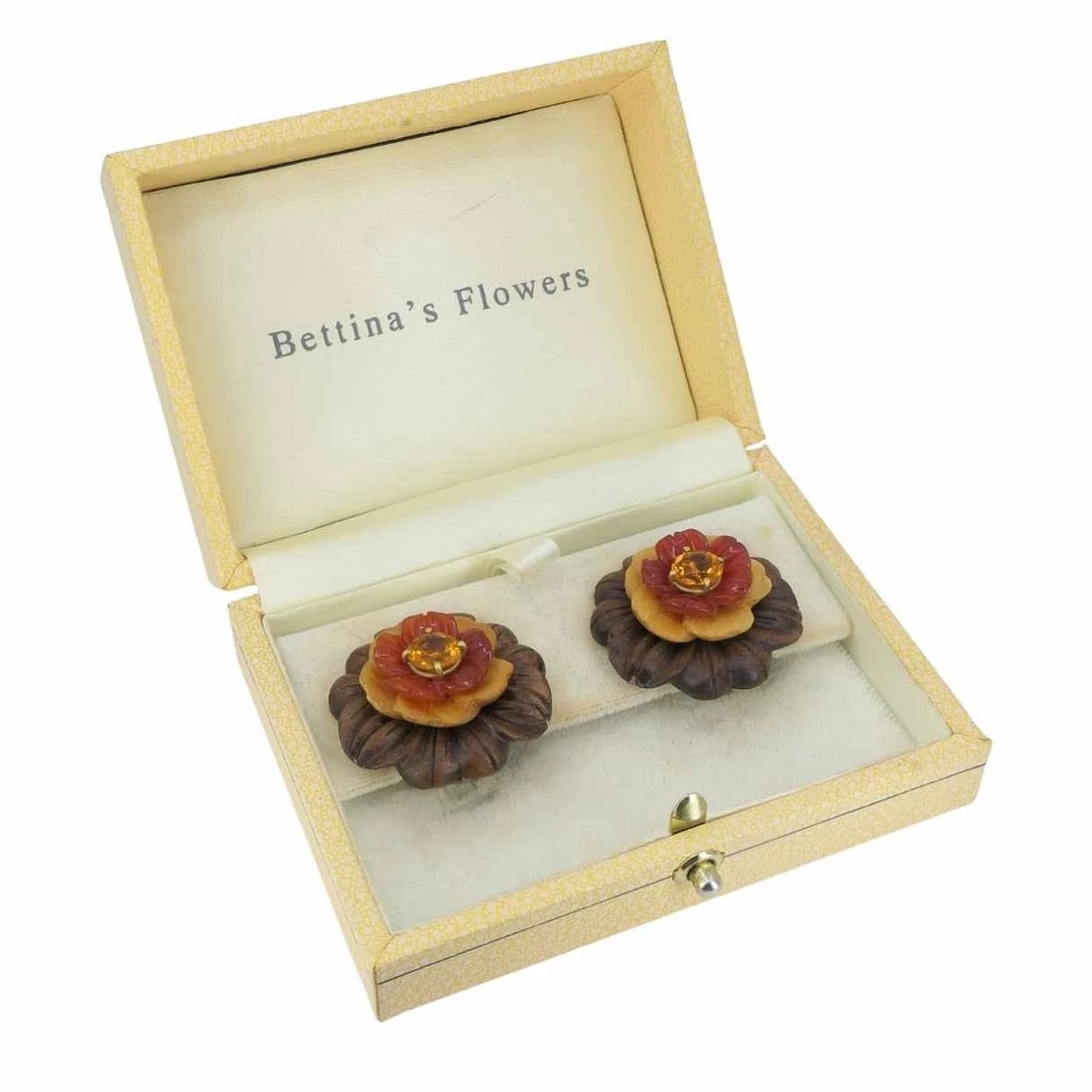 Bettina Gabetti for Trianon Flower Earrings 18k Gold Wood Carnelian Citrine - 5
