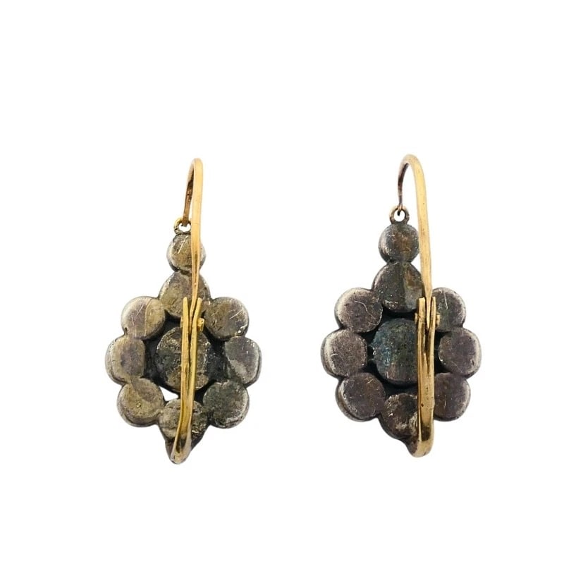 Georgian Silver Floral Diamond Cluster Earrings 14k Gold Ear Wires, 1830s - 9