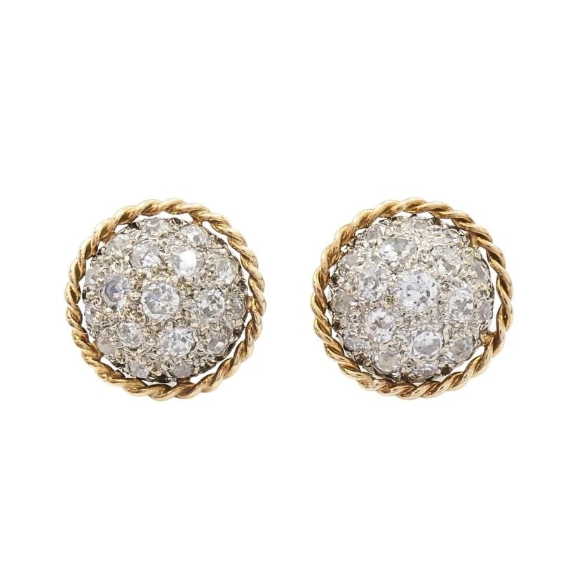Vintage 14k Diamond PavÃ© Dome Stud Earrings Rope Edge: MATERIALS: 14k Gold GEMSTONE: Diamond WEIGHT: 3.4 Grams MEASUREMENT: Diameter - 1/2" HALLMARKS: 14kITEM DETAILS:Vintage 14k Diamond PavÃ© Dome Stud Earrings Rope Edge These vintage 14k gold 