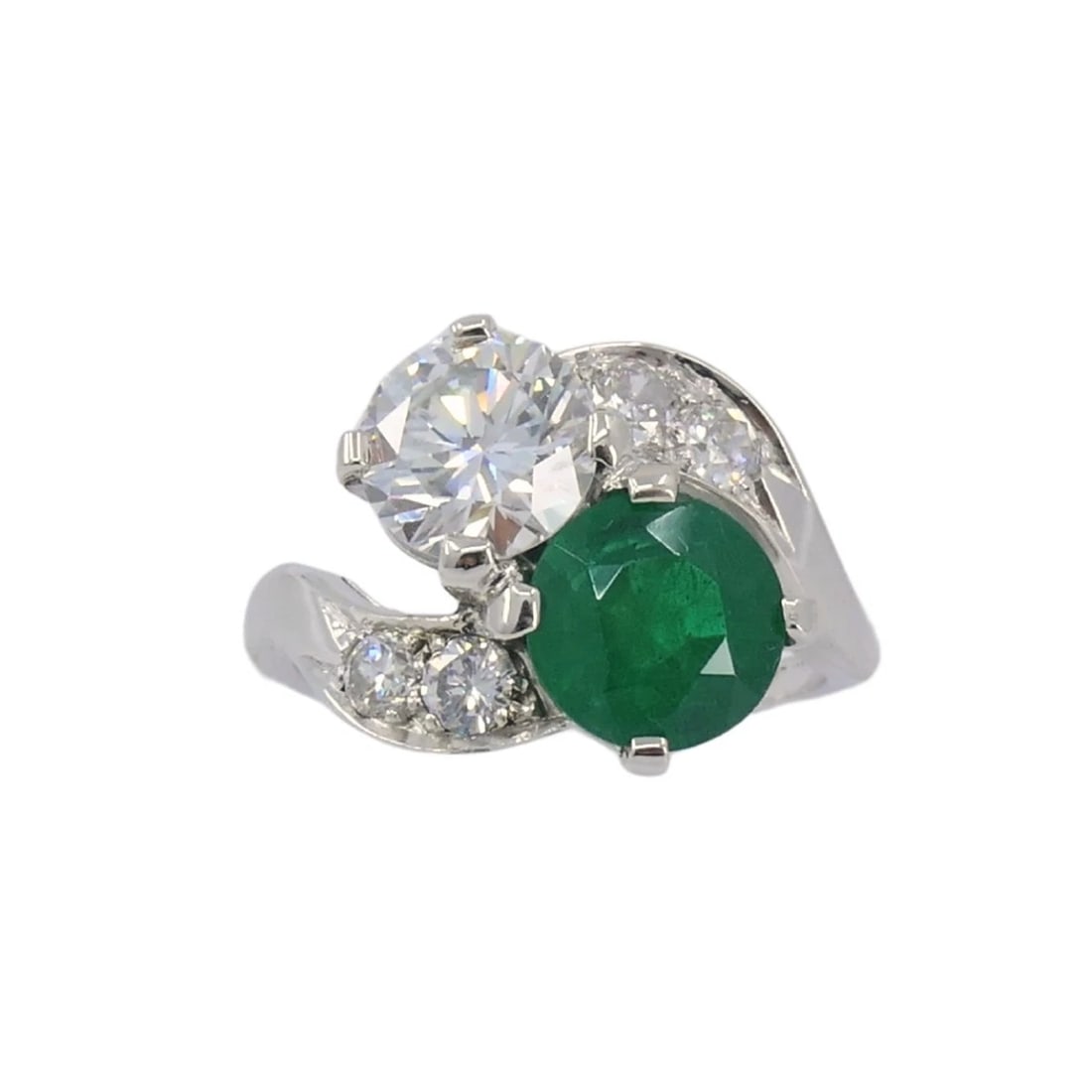 Vintage Platinum Toi et Moi Engagement Ring Diamond Emerald - 11