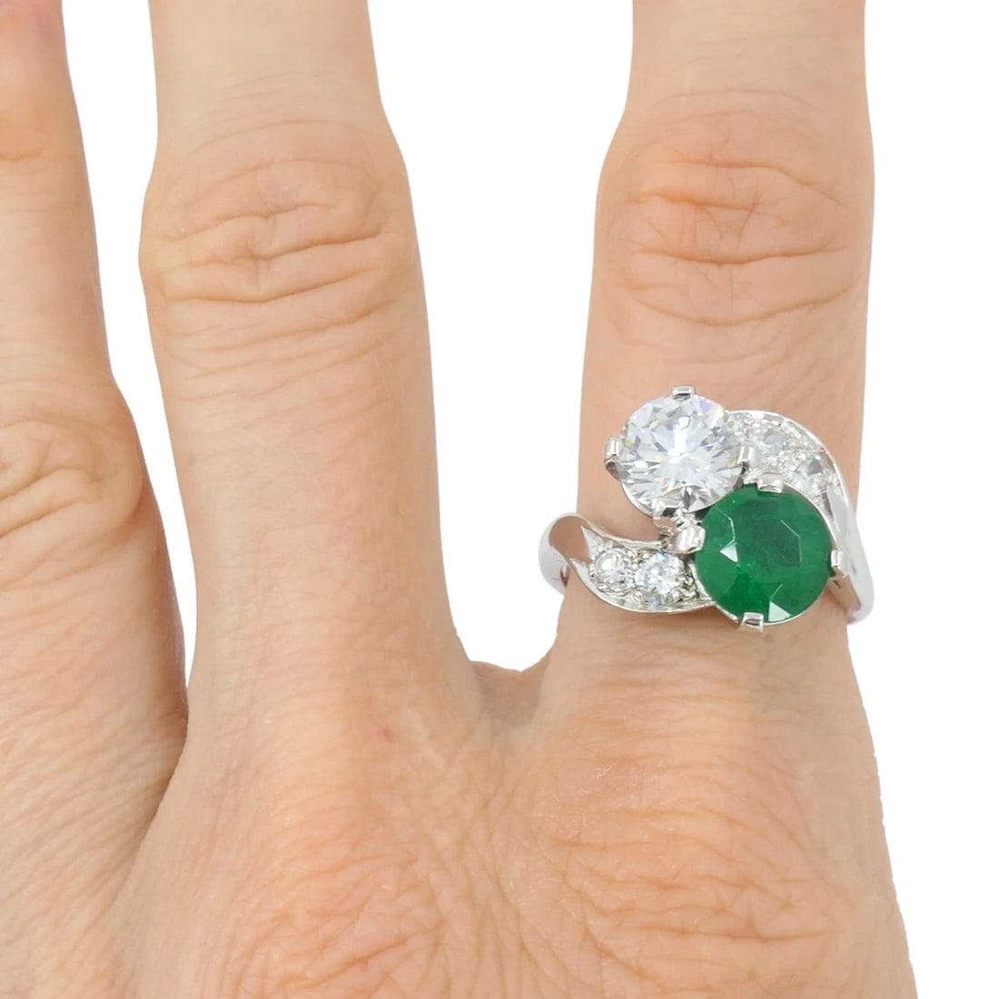Vintage Platinum Toi et Moi Engagement Ring Diamond Emerald - 15