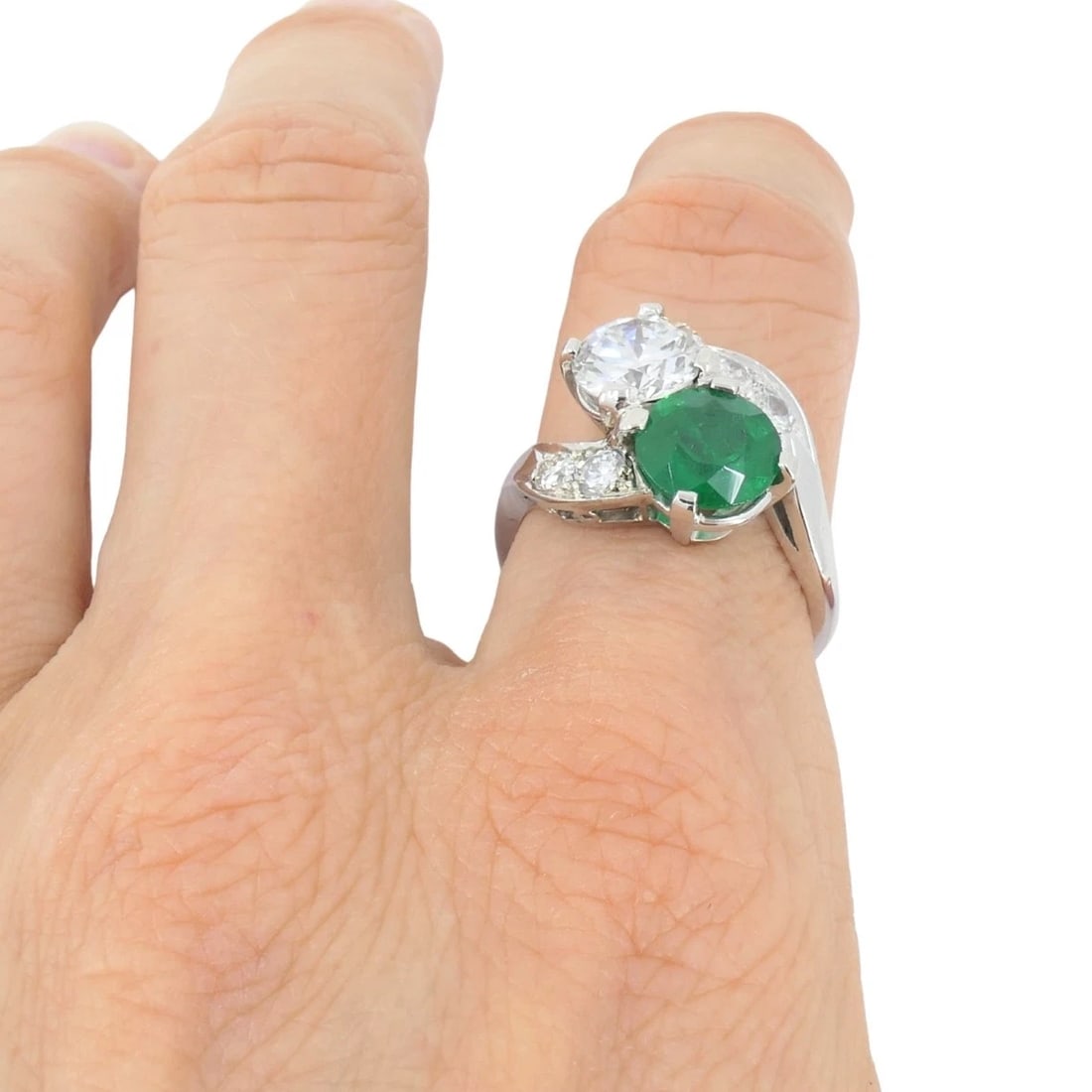 Vintage Platinum Toi et Moi Engagement Ring Diamond Emerald - 16