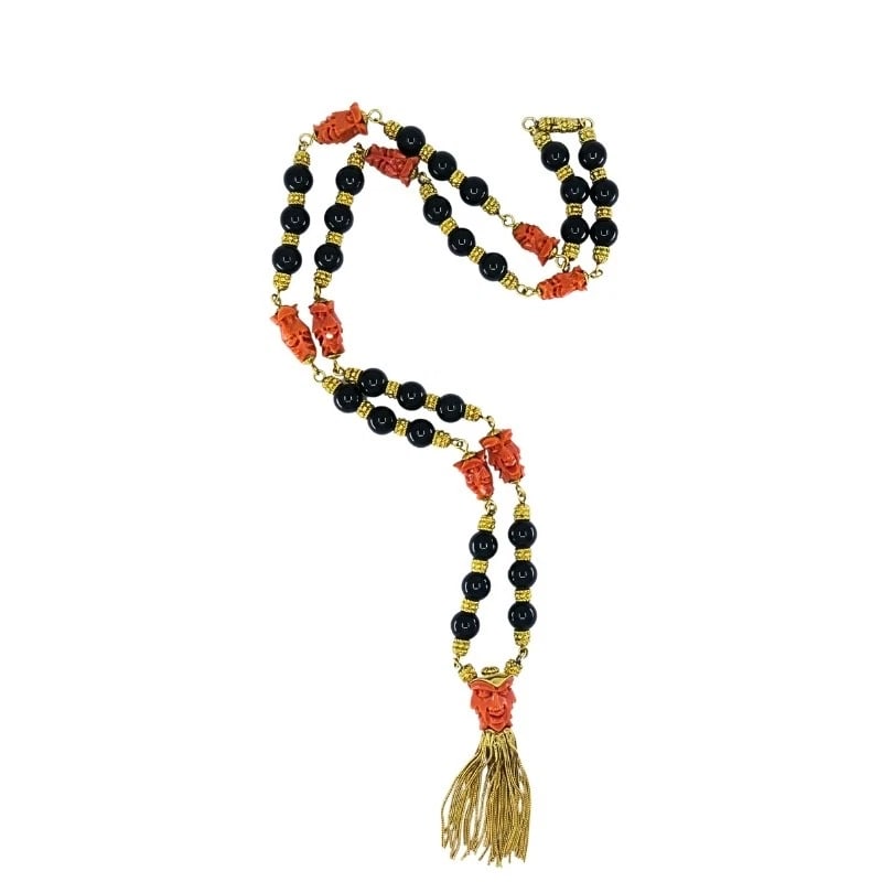Vintage 18k Gold Carved Coral Devil Mask Onyx Tassel Necklace - 10
