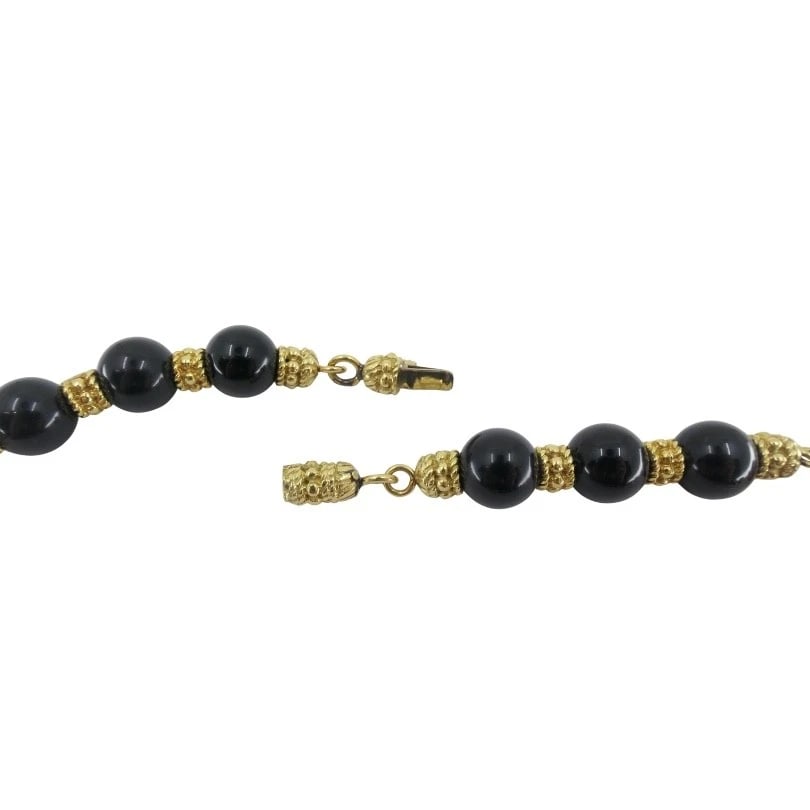 Vintage 18k Gold Carved Coral Devil Mask Onyx Tassel Necklace - 11