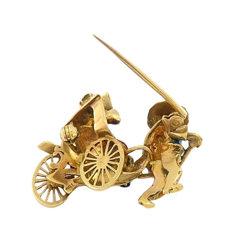 Vintage 18k Gold Enamel Riksha Brooch Pin Gemstone Accents - 10