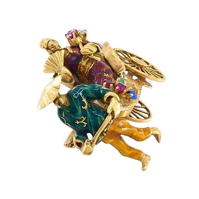 Vintage 18k Gold Enamel Riksha Brooch Pin Gemstone Accents - 5