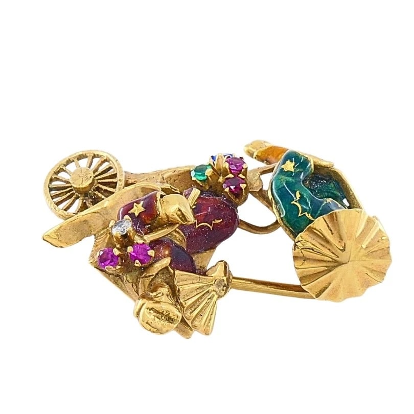 Vintage 18k Gold Enamel Riksha Brooch Pin Gemstone Accents - 7