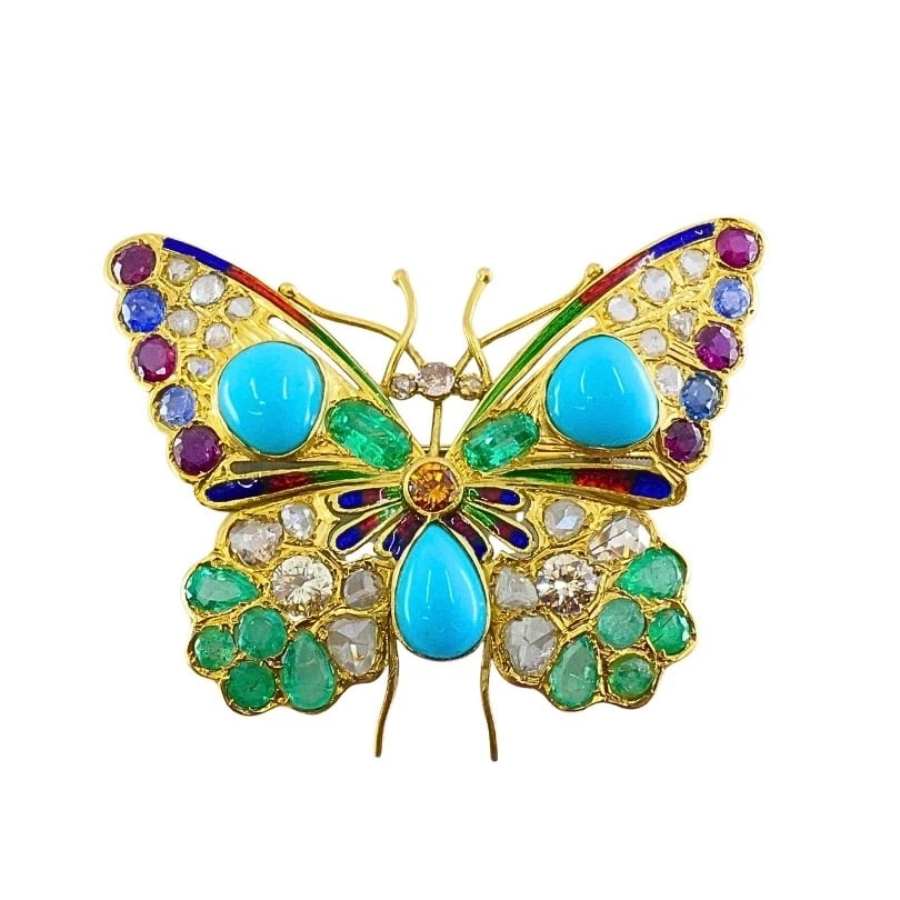 Vintage 18k Gold Multigem Butterfly Brooch Statement Insect Jewelry: MATERIALS: 18k Gold GEMSTONE: Turquoise, Diamond WEIGHT: 18.5 Grams MEASUREMENTS: 2 Â¼â€ x 1 Â¾â€ (5.7 x 4.2 cm) HALLMARKS: 18KITEM DETAILS:Vintag