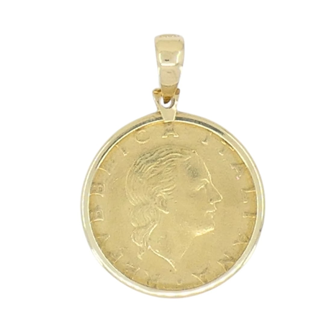 Italian 14k Gold Lire Coin Pendant: ES JOOO This vintage Italian pendant features an authentic 1978 200 Lire coin, set in a finely crafted 14K yellow gold bezel by Milor. The coin itself is composed of aluminum-bronze, displaying the el