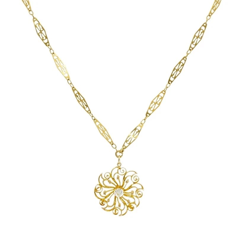 14k Diamond Pendant 18k Openwork Filigree Chain Necklace: MATERIALS: 18k Gold, 14k Gold GEMSTONE: Diamond WEIGHT: Pendant - 6.2 Grams, Chain - 6.4 Grams MEASUREMENTS: Pendant - 1 3/16", Chain - 16" HALLMARKS: 750ITEM DETAILS:14k Diamond Pendant 18k Openwork 