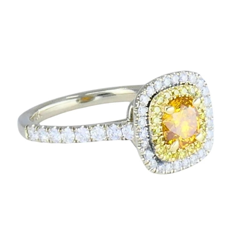 14k White Gold RING Fancy Yellow Orange Diamond GIA Double Halo Estate Jewelry - 7