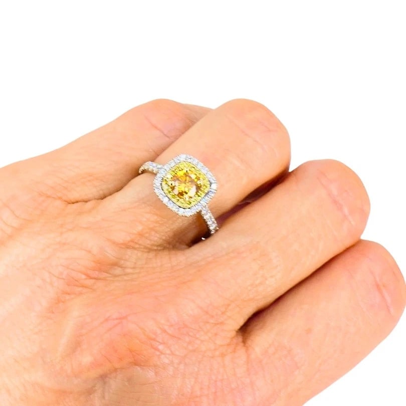 14k White Gold RING Fancy Yellow Orange Diamond GIA Double Halo Estate Jewelry - 8