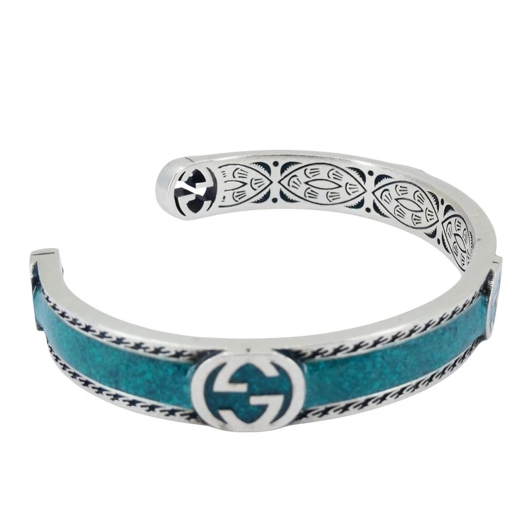 Gucci Sterling Silver Enamel Interlocking G Cuff Bracelet - 10