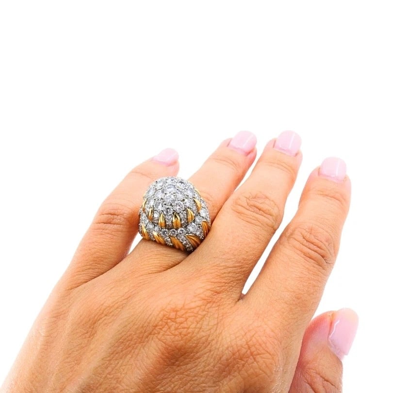 Vintage 14k Gold Diamond Cocktail Floral Dome Ring - 4