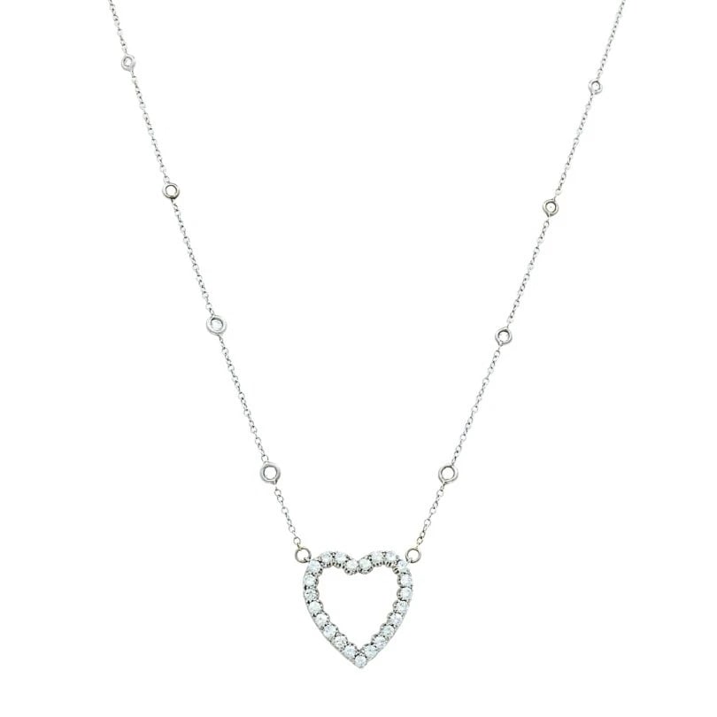 Open Heart Diamond Necklace Platinum Chain: DESIGNER: Unknown CIRCA: Late 20th Century MATERIALS: PlatinumGEMSTONE: Round Brilliant Cut DiamondWEIGHT: 8.3 GramsMEASUREMENTS: Pendant - 7/8" x 3/4" Chain - 15 1/2"HALLMARKS: PlatITEM DETAILS:Open