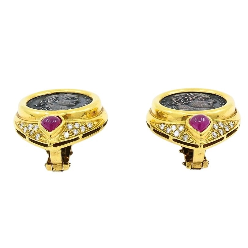 Ancient Coin 18k Gold Earrings Ruby - 8