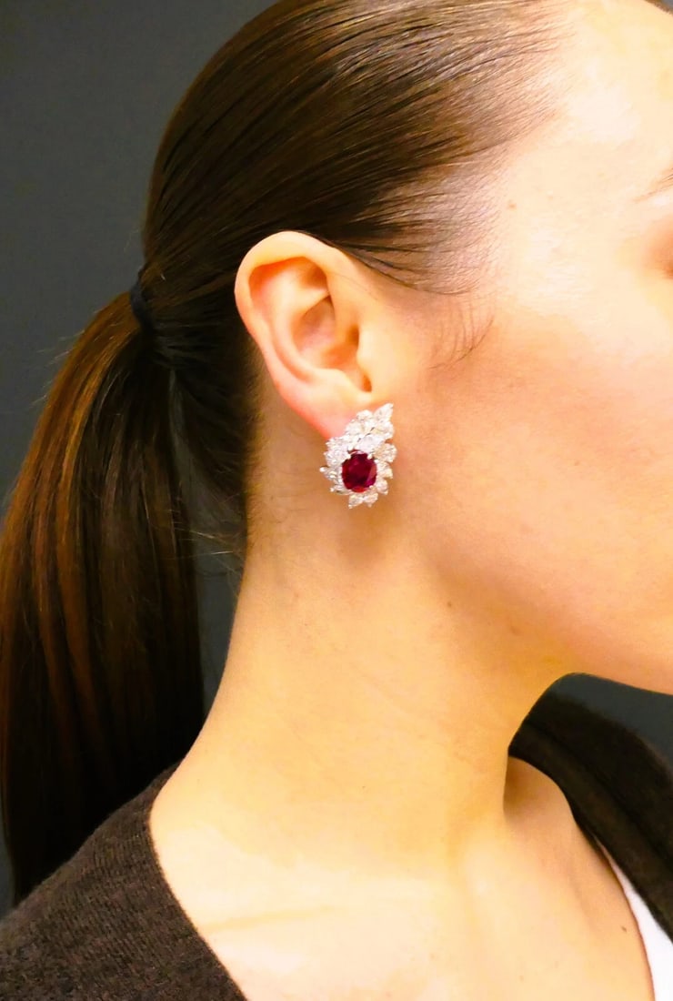 Ruby EARRINGS Cluster Diamond 18k Gold Mozambique Certified Estate Jewelry - 3