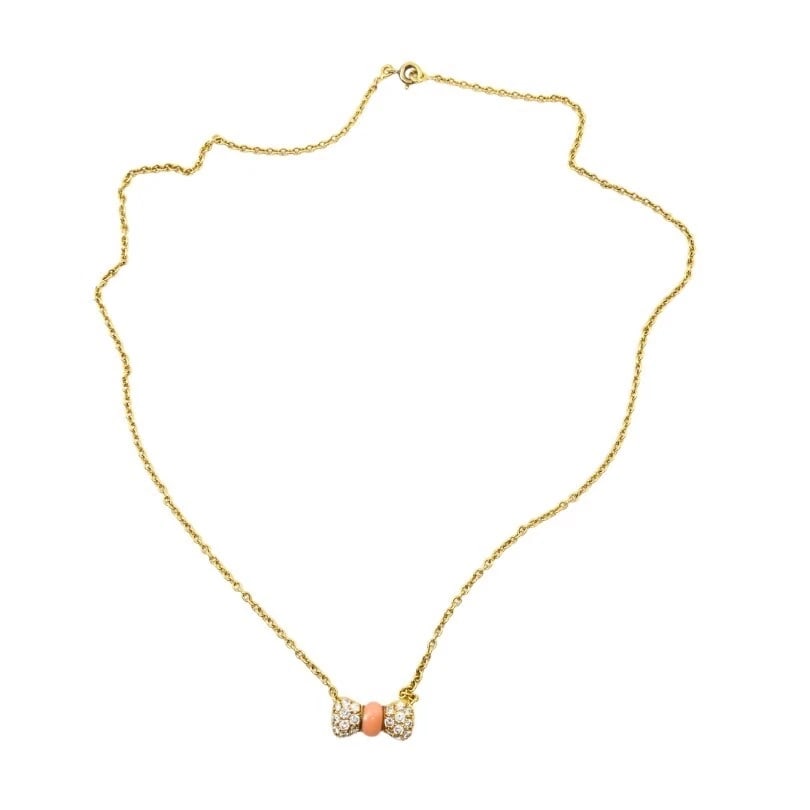 Van Cleef & Arpels Necklace 18k Gold Coral Diamond Bow Pendant - 4